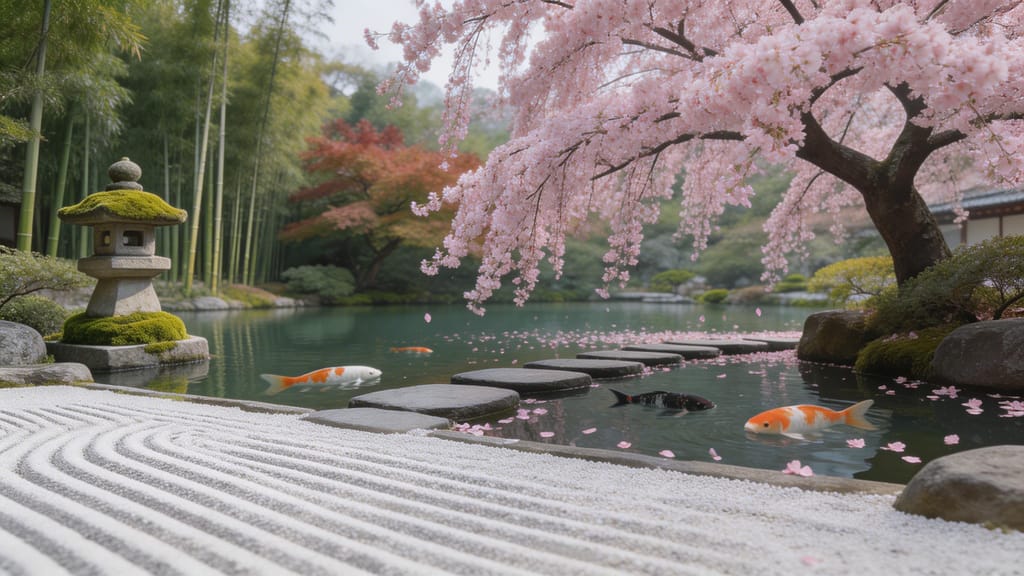 Japoński ogród zen, sakura i karpie